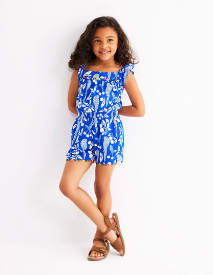 Ciara Pom Trim Jersey Romper-Bright Blue Parrot Palm