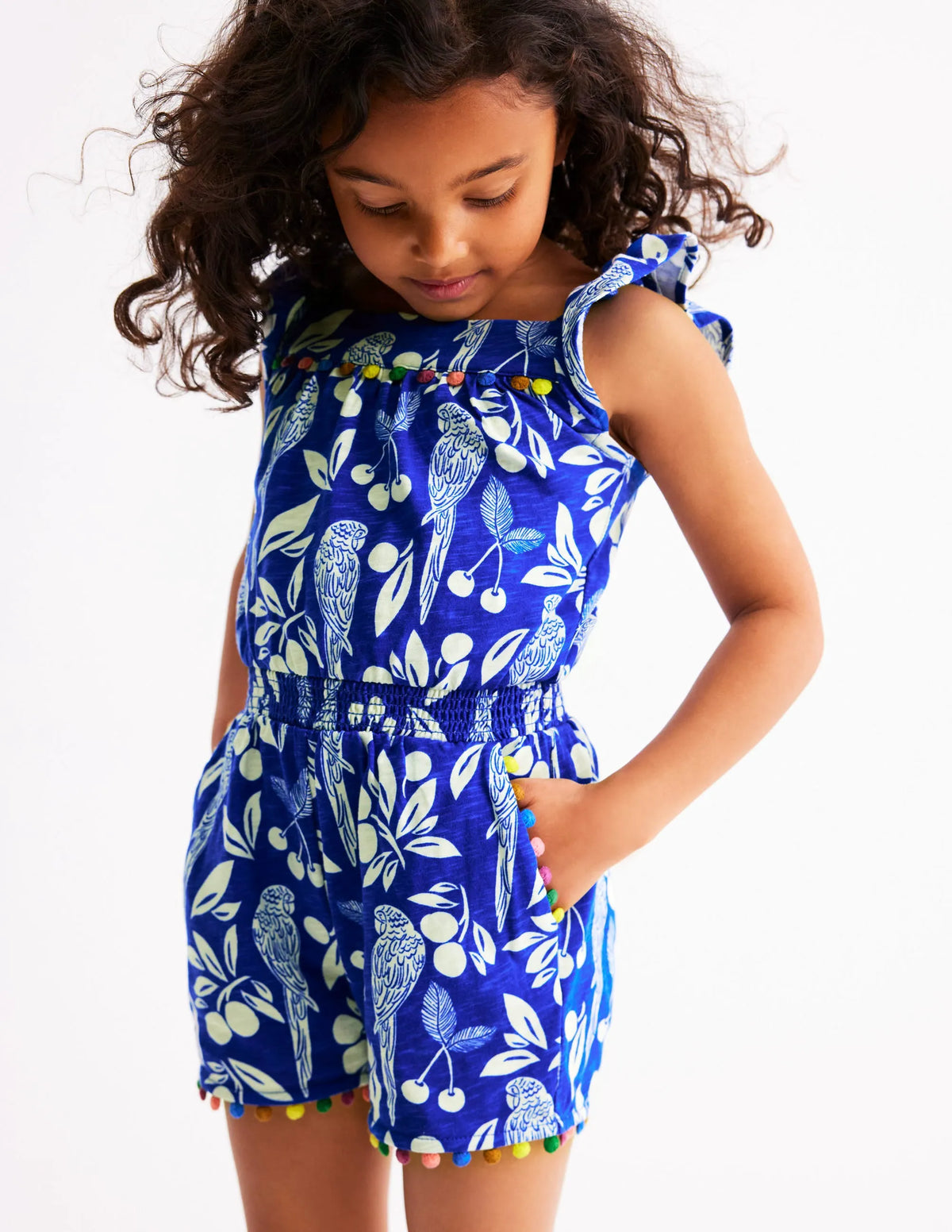 Ciara Pom Trim Jersey Romper-Bright Blue Parrot Palm