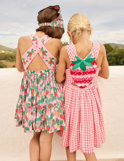Zadie Applique Back Dress-Pink Gingham Strawberry