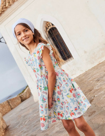 Posie Frill Sleeve Dress-Ivory Holiday Print