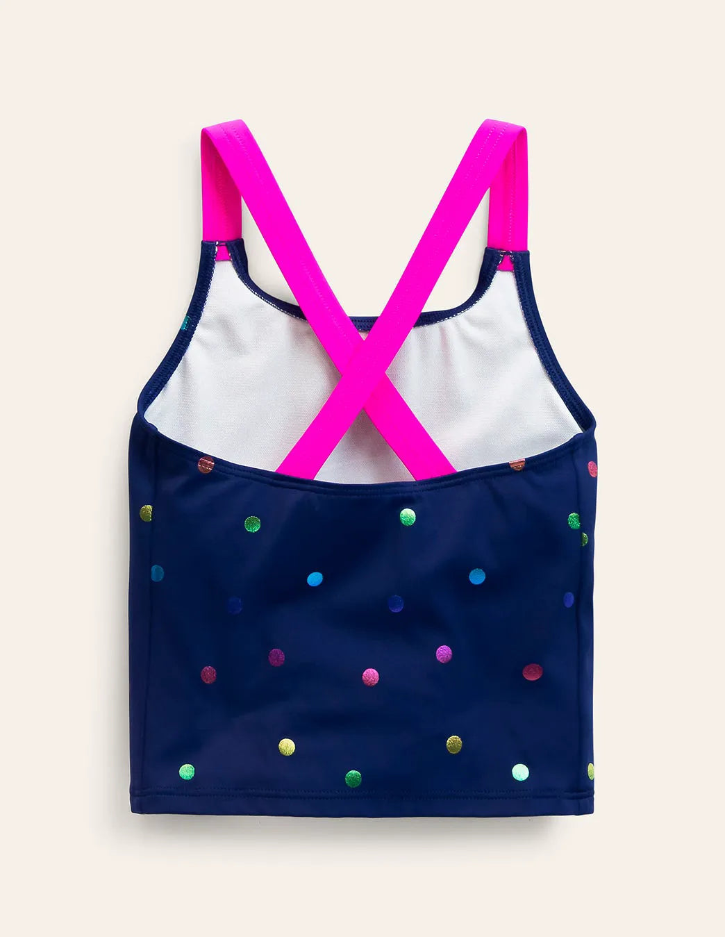 Cross-back Tankini Top-Navy Rainbow Confetti Spot