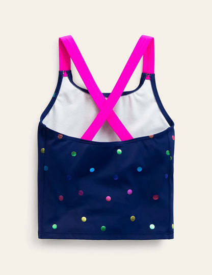 Cross-back Tankini Top-Navy Rainbow Confetti Spot