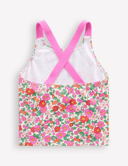 Cross-back Tankini Top-Pink Apple Blossom Floral
