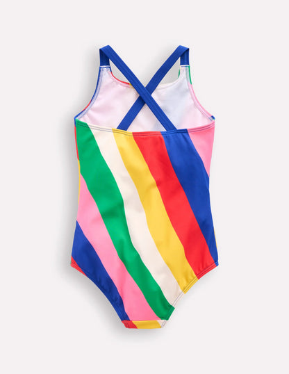 Cross-back Printed Swimsuit-Multi Rainbow Swirl