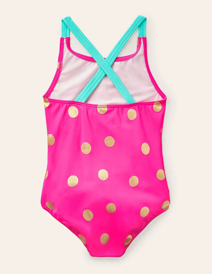 Cross-back Printed Swimsuit-Fuchsia Pink, Gold Foil Spot