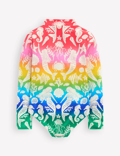 Long-sleeved Swimsuit-Multi Rainbow Floral