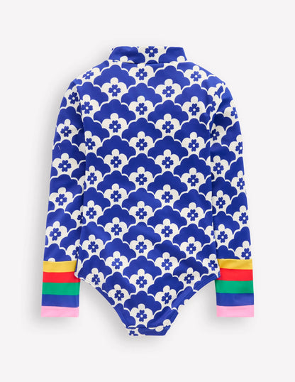 Long-sleeved Swimsuit-Orion Blue Flower Geo