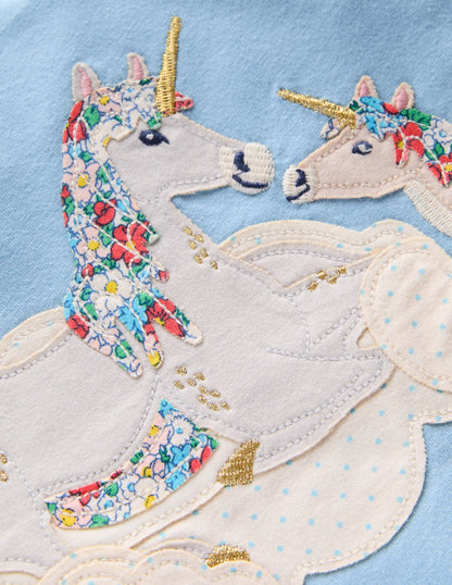Puff Sleeve Applique Top-Glacier Blue Unicorns