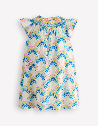 Holiday Smocked Dress-Soft Ivory Rainbow Shells