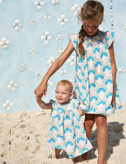 Holiday Smocked Dress-Soft Ivory Rainbow Shells