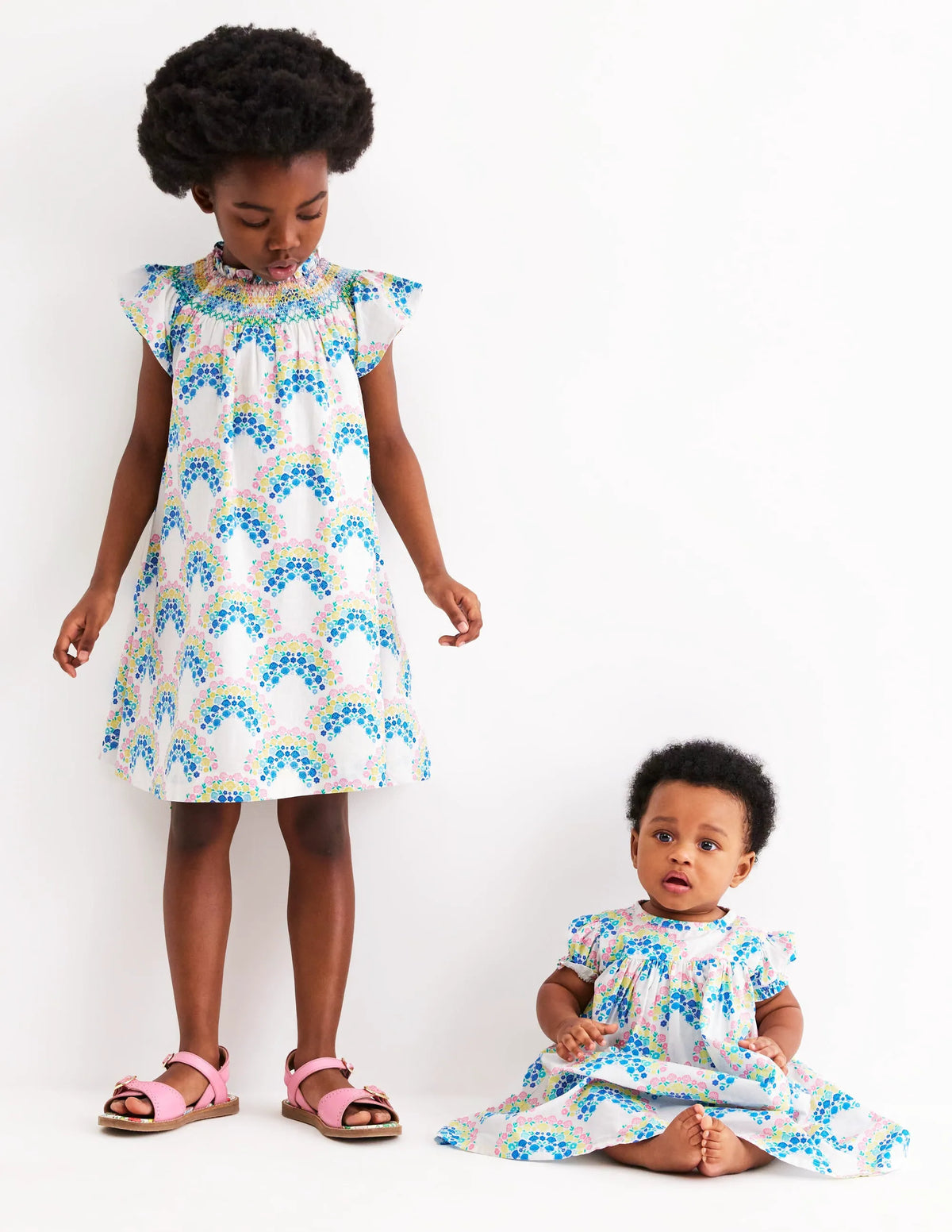 Holiday Smocked Dress-Soft Ivory Rainbow Shells