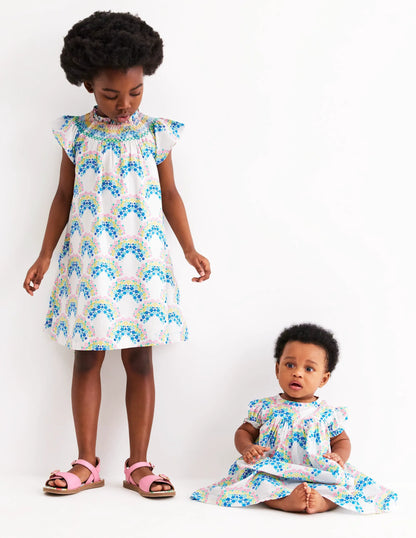 Holiday Smocked Dress-Soft Ivory Rainbow Shells