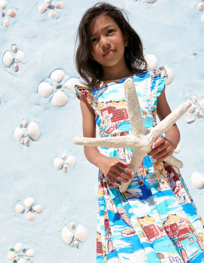 Bow Back Midi Dress-Multi Coastal Scene