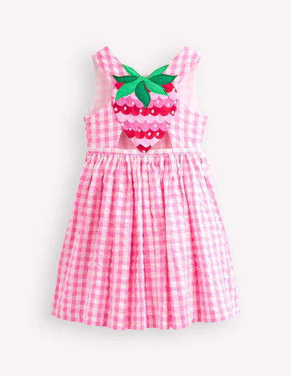 Zadie Applique Back Dress-Pink Gingham Strawberry