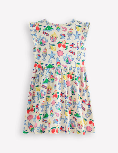 Posie Frill Sleeve Dress-Ivory Holiday Print