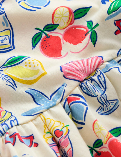 Posie Frill Sleeve Dress-Ivory Holiday Print