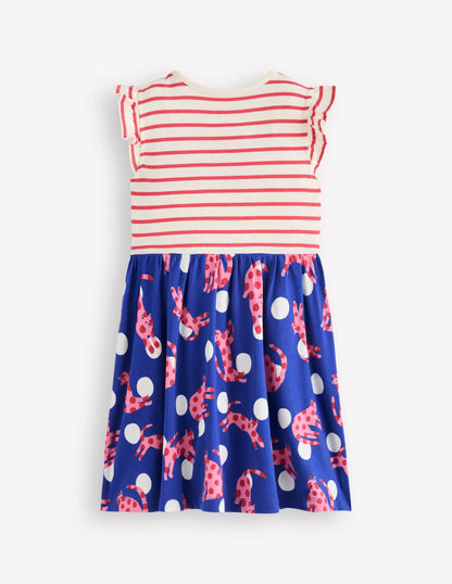 Posie Frill Sleeve Dress-Bright Blue Spotty Cats