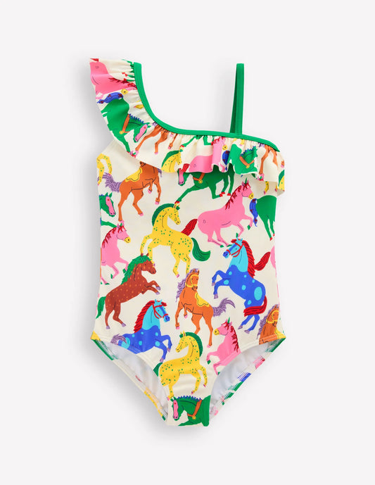 Lila One Shoulder Swimsuit-Multi Rainbow Horses