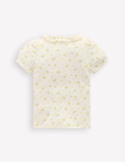 Short-sleeved Ruffle Pointelle-Rosebud Floral