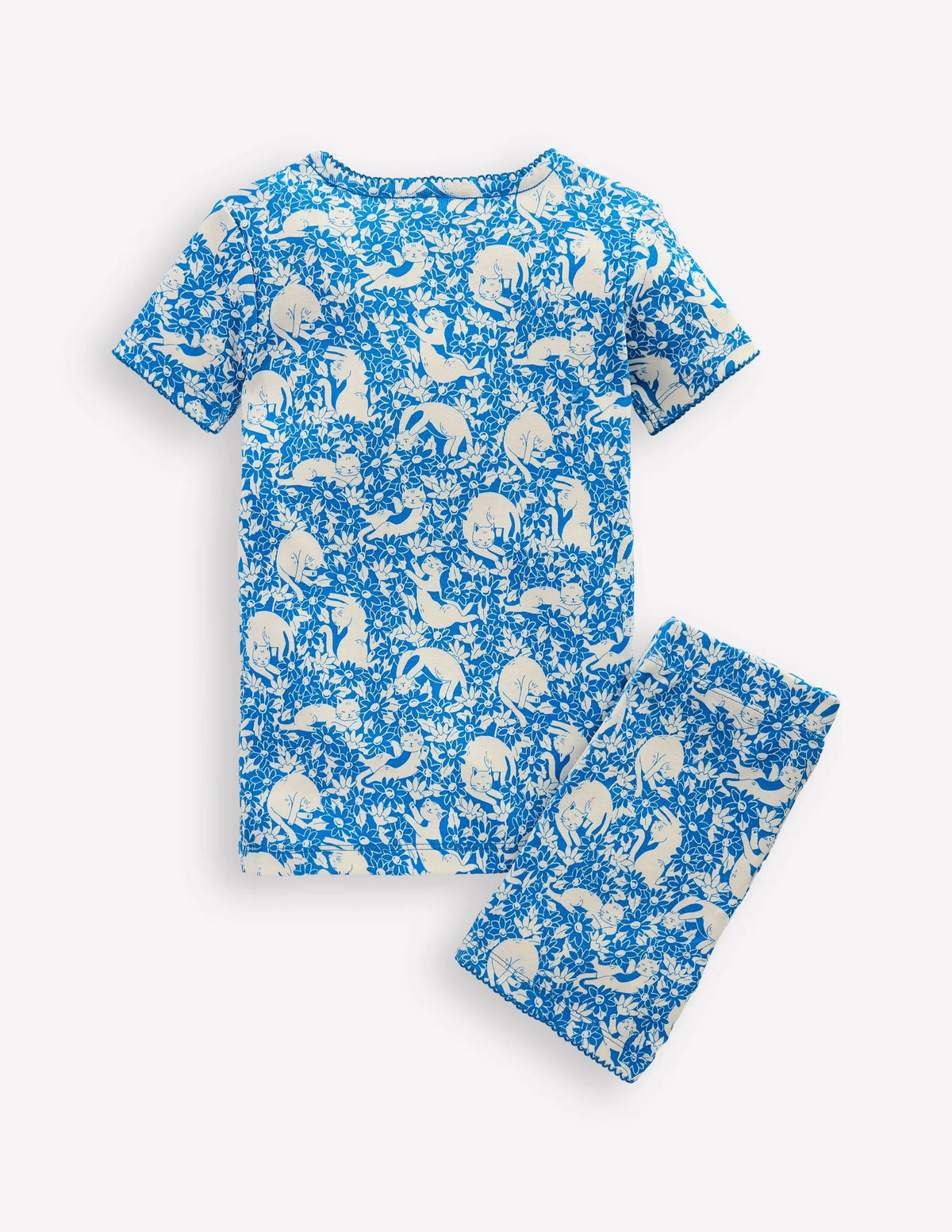 Snug Short John Pajamas-Kingfisher Blue Kitten Meadow