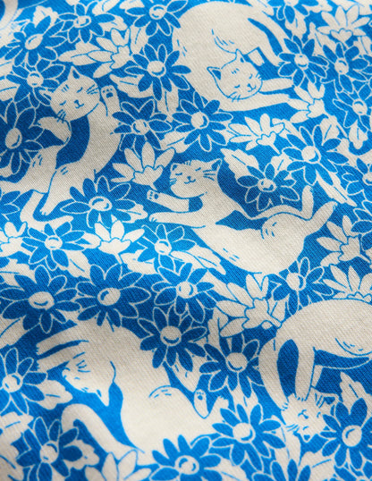 Snug Short John Pajamas-Kingfisher Blue Kitten Meadow