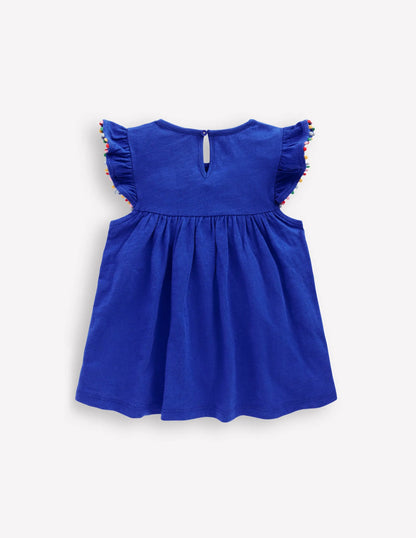 Frill Sleeve Pom Top-Bright Blue