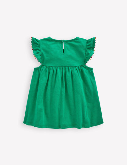 Frill Sleeve Pom Top-Bright Emerald
