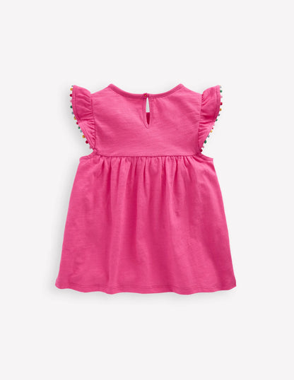 Frill Sleeve Pom Top-Flamingo Pink