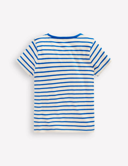 Short Sleeve Appliqué T-shirt-Peacock Plume Blue/Soft Ivory