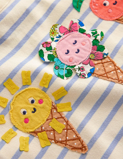 Short Sleeve Appliqué T-shirt-Glacier Blue/ Ivory Ice Creams