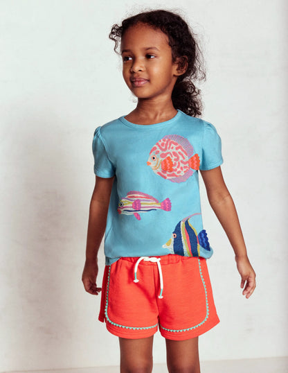 Puff Sleeve Superstitch Top-Aqua Sea Blue Fish