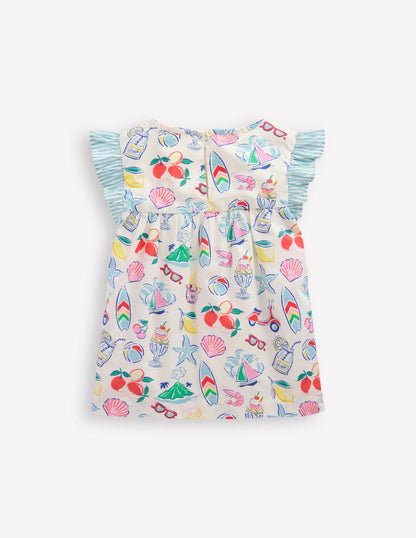 Frill Sleeve Woven Top-Ivory Holiday Print