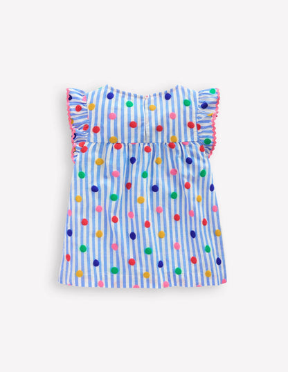 Frill Sleeve Woven Top-Peacock Plume Blue Spot