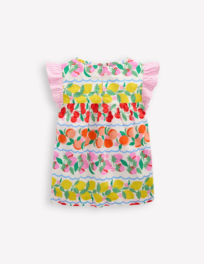 Frill Sleeve Woven Top-Rainbow Fruit Stripe