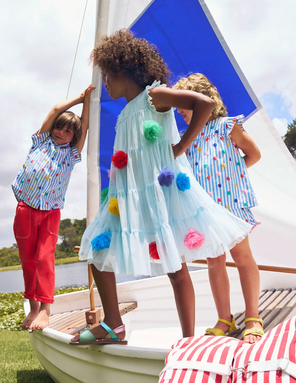 Rainbow Ombre Tulle Dress-Blue Multi Pom