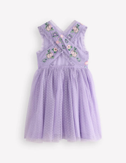 Tulle Cross-Back Dress-Lilac Floral Embroidery