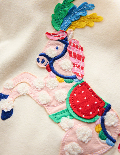 Puff Sleeve Applique Top-Soft Ivory Horse