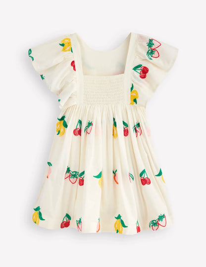 Embroidered Woven Dress-Ivory Embroidered Fruit