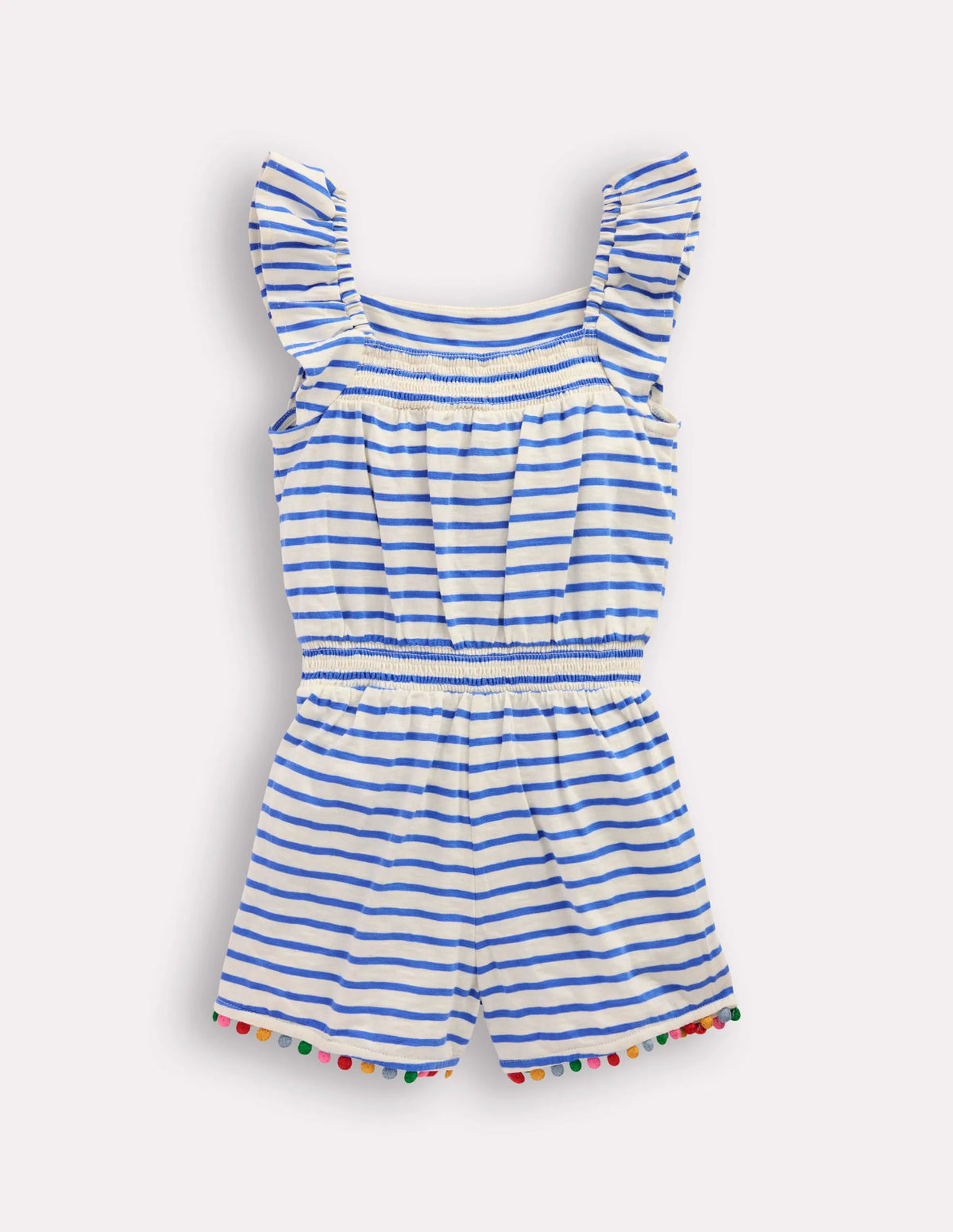 Ciara Pom Trim Jersey Romper-Ivory/ Azure Blue Stripe