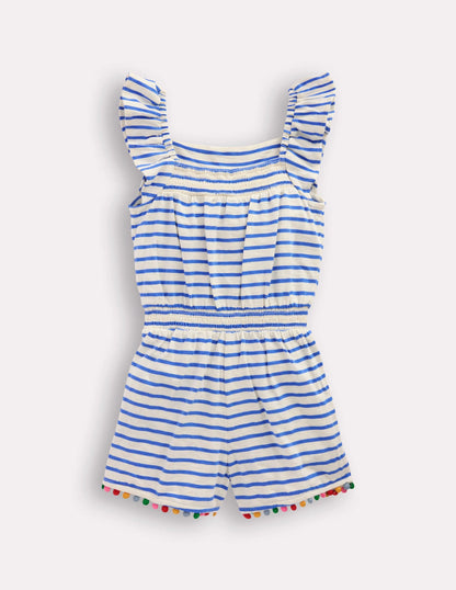 Ciara Pom Trim Jersey Romper-Ivory/ Azure Blue Stripe