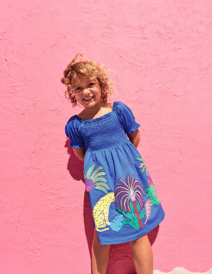 Clare Shirred Appliqué Dress-Blue Safari Animals