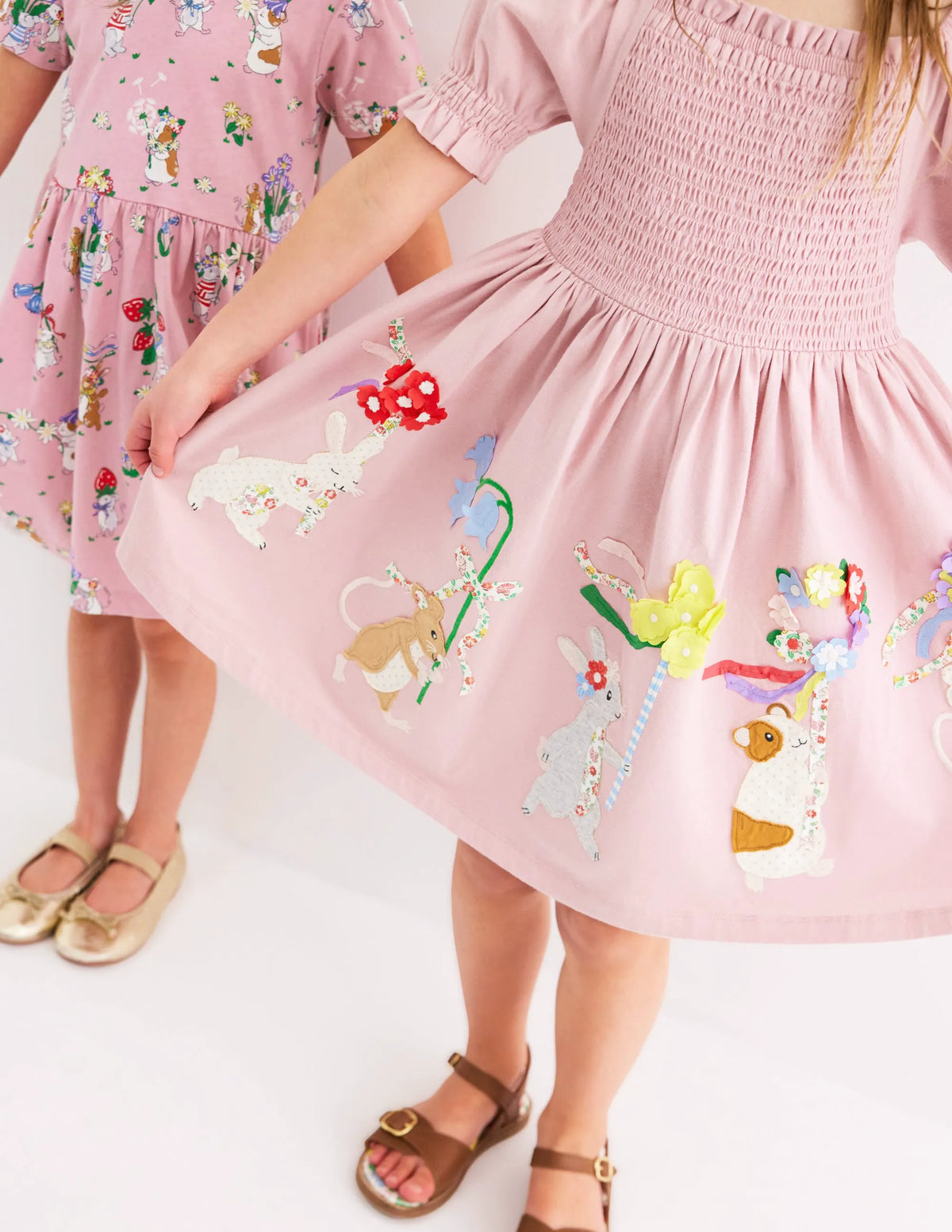 Clare Shirred Appliqué Dress-Vintage Pink May Day Animals