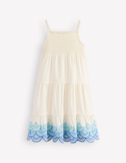 Enza Broderie Hem Jersey Dress-Soft Ivory Shells