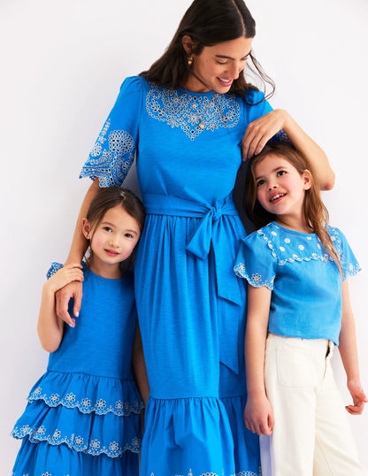 Broderie Mix Jersey Dress-Cerulean Blue