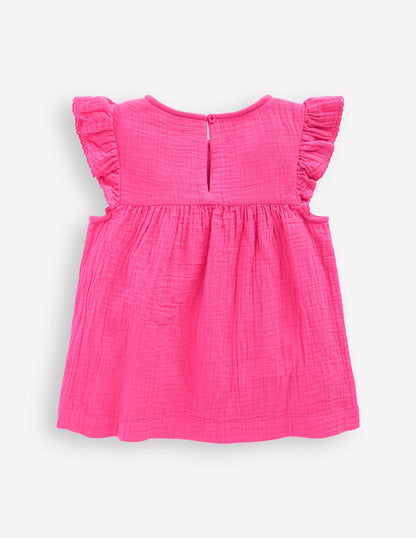 Double Cloth Frill Sleeve Top-Sorbet Pink Embroidered