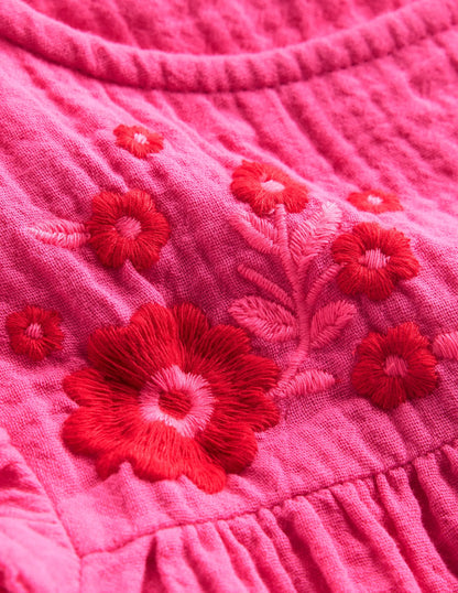 Double Cloth Frill Sleeve Top-Sorbet Pink Embroidered