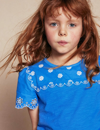 Broderie Sleeve Tee-Kingfisher Blue