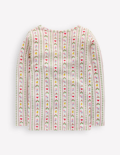 Long Sleeve Pointelle Top-Soft Ivory Nutcracker Stripe