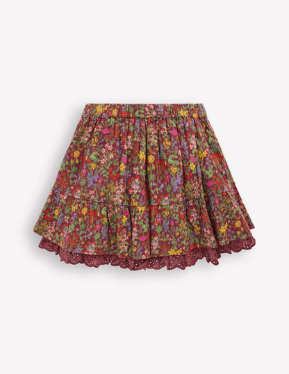 Printed Pull-on Woven Skirt-Chestnut Flower Meadow