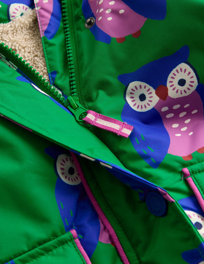 Sherpa Lined Anorak-Rich Emerald Geo Owls